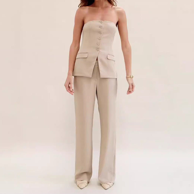 Graceful Tube Button Sleeveless Suit Top And Straight Pants Women's Trousers Set
