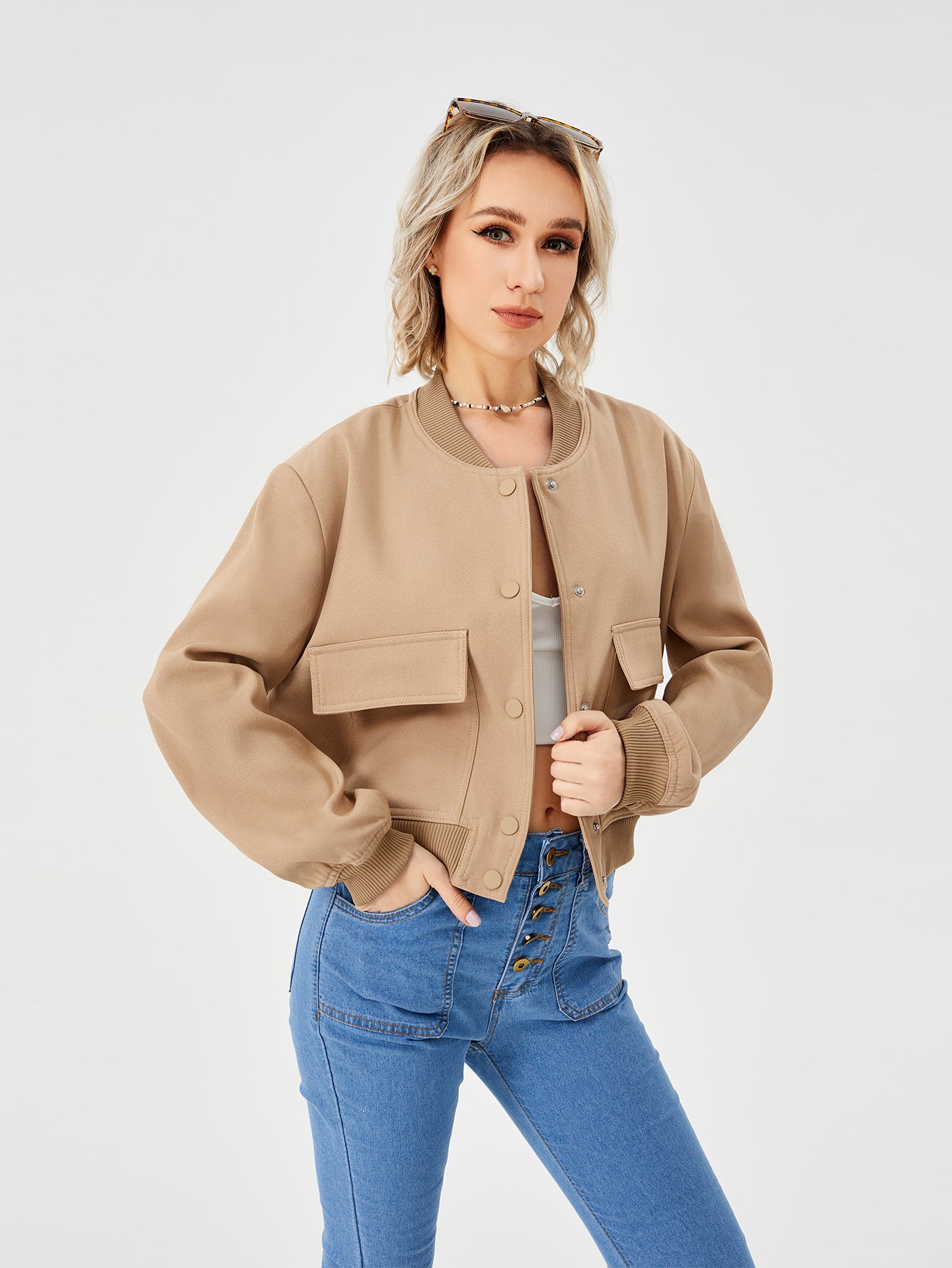 Lightweight Cropped Bomber Jacket - Casual Long Sleeve Varsity Jacket With Pocket Fashion Y2k Jacket Streetwear