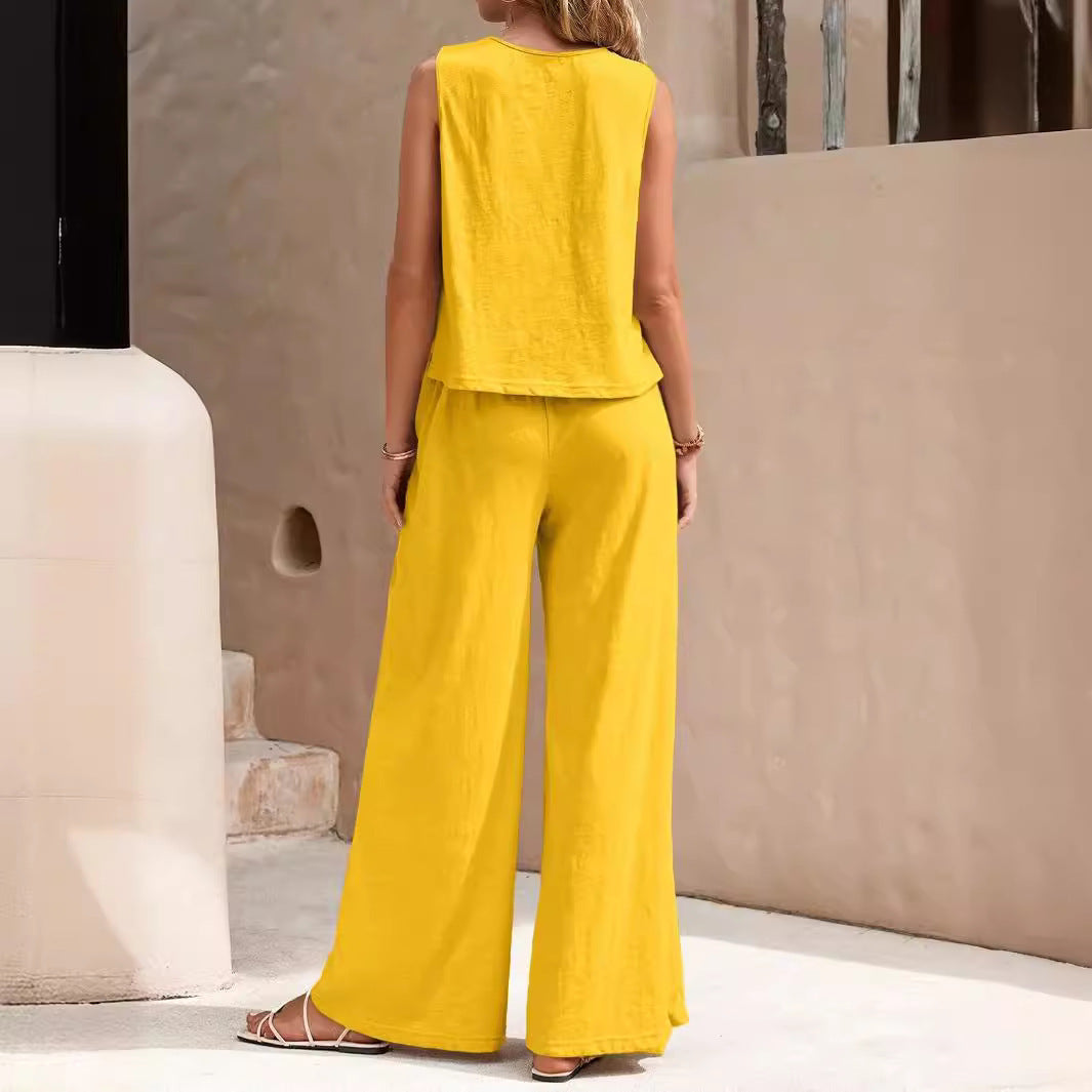 Solid Color Casual Loose Pants Sets For Women - Elegant Spring Summer Women's Two Pieces Suit Full Trouser Set Female Outfit Clothes