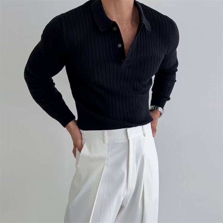 Lapel Button Long Sleeved Polo Shirt