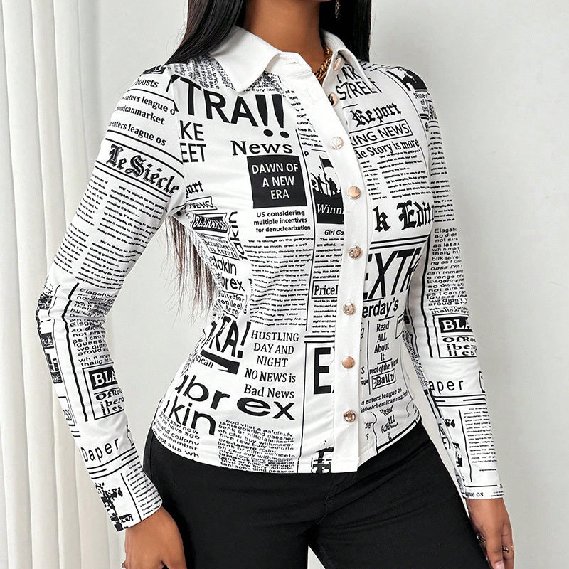 Newspaper Print Long Sleeve Casual Shirt - Spring&Fall Slim Fit Printed Blouse With Single Button Placket