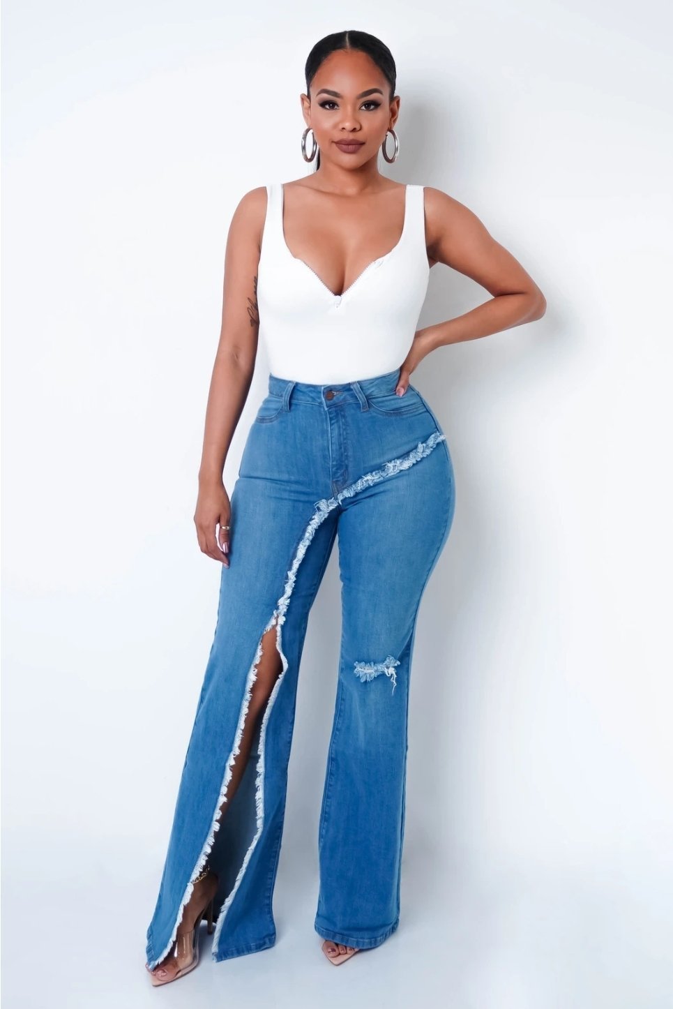 New Style Elastic Ripped Flared Pants Jeans