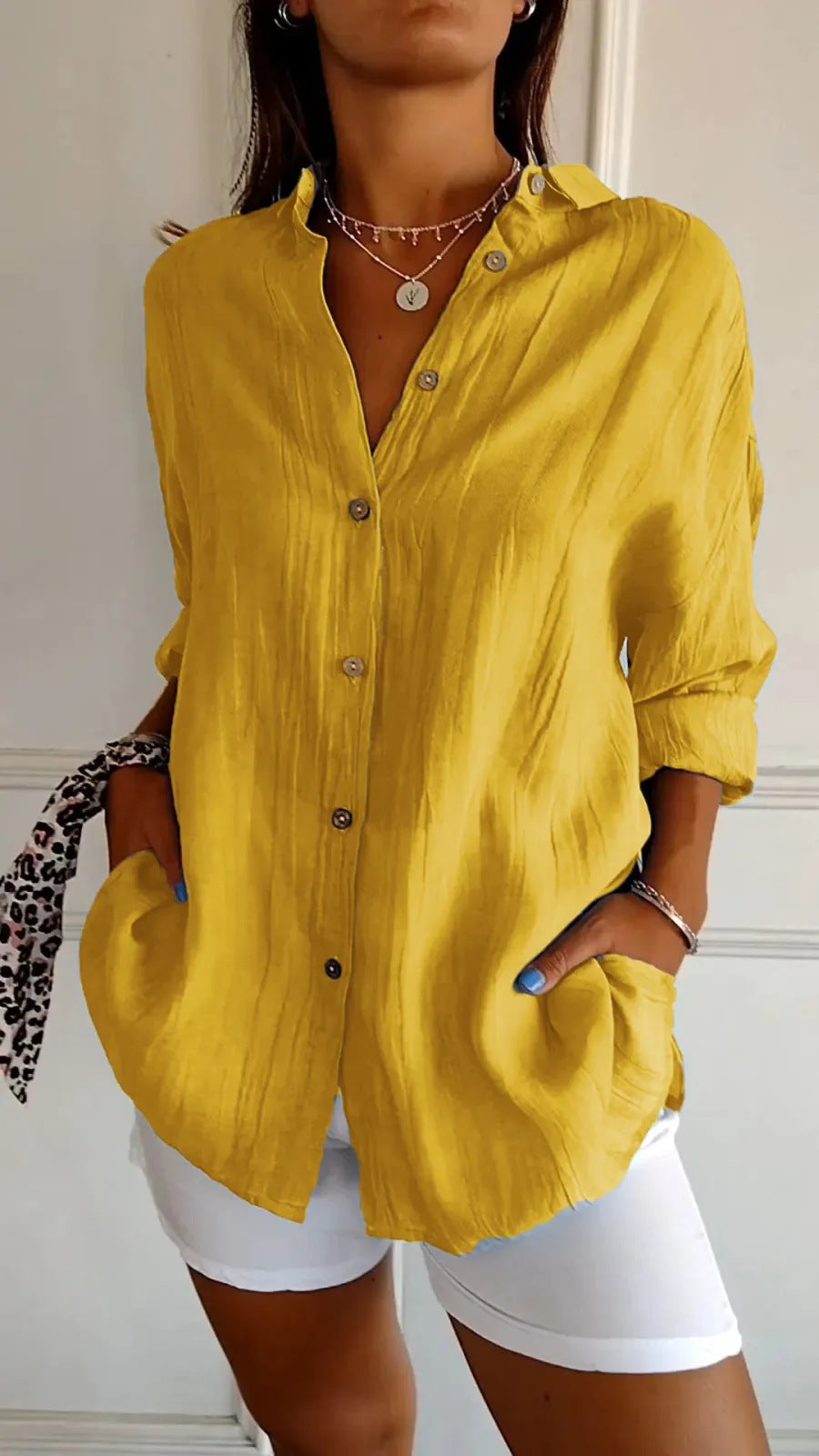 Lapel Long Sleeve Shirt - Women's Single-breasted Pleated Shirt
