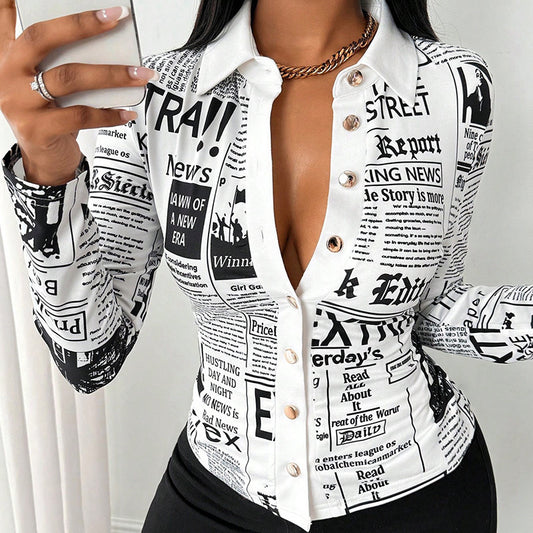Newspaper Print Long Sleeve Casual Shirt - Spring&Fall Slim Fit Printed Blouse With Single Button Placket