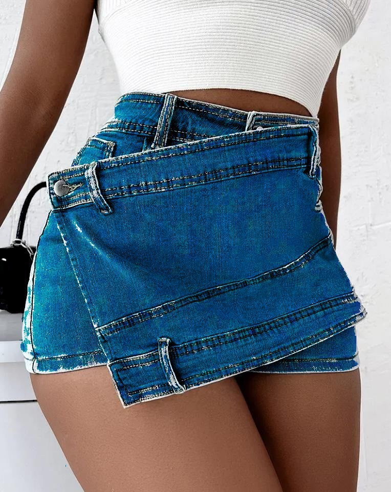 Y2K Street Vintage Denim Shorts - Stretch Overlap Waist Wrap Solid Asymmetrical Hem A-Line Skinny Mini Skorts Skirt