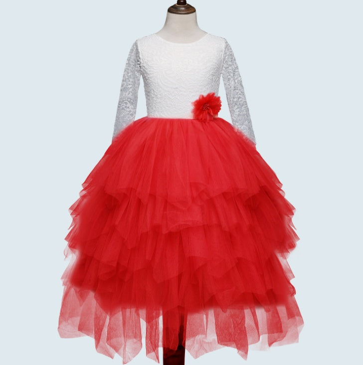 Hollow Skirt Lace Long-sleeved Girls Princess Irregular Dress