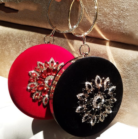 LOLIBOX Women Bags - Women Evening Clutch Bags Velvet Diamond Ring Handbags Small Round Clutch Bag Day Party Clutches Purses