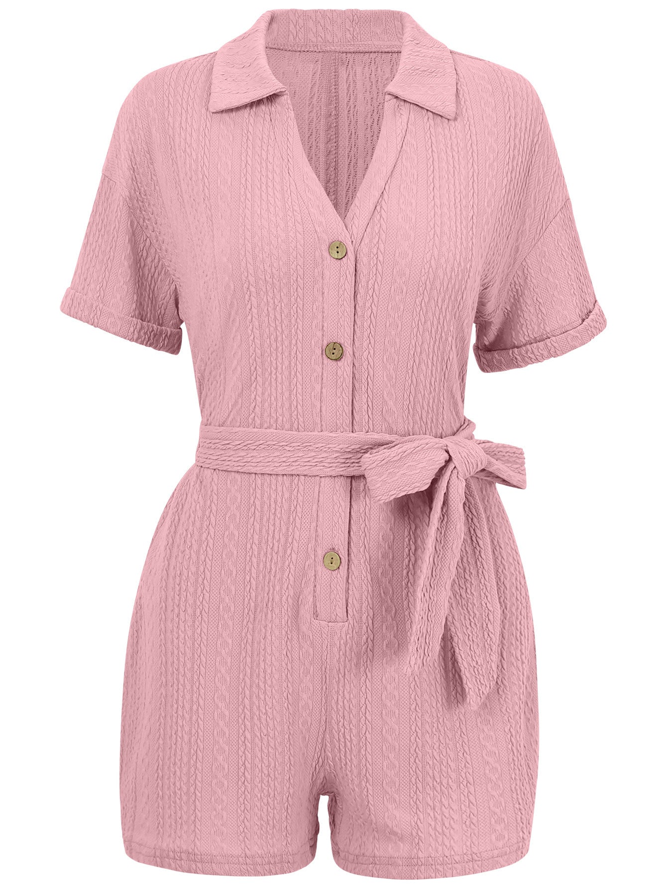 Women's Short-sleeved Jumpsuit - Lace-up Turn-down Collar Solid Color Romper Clothing Summer