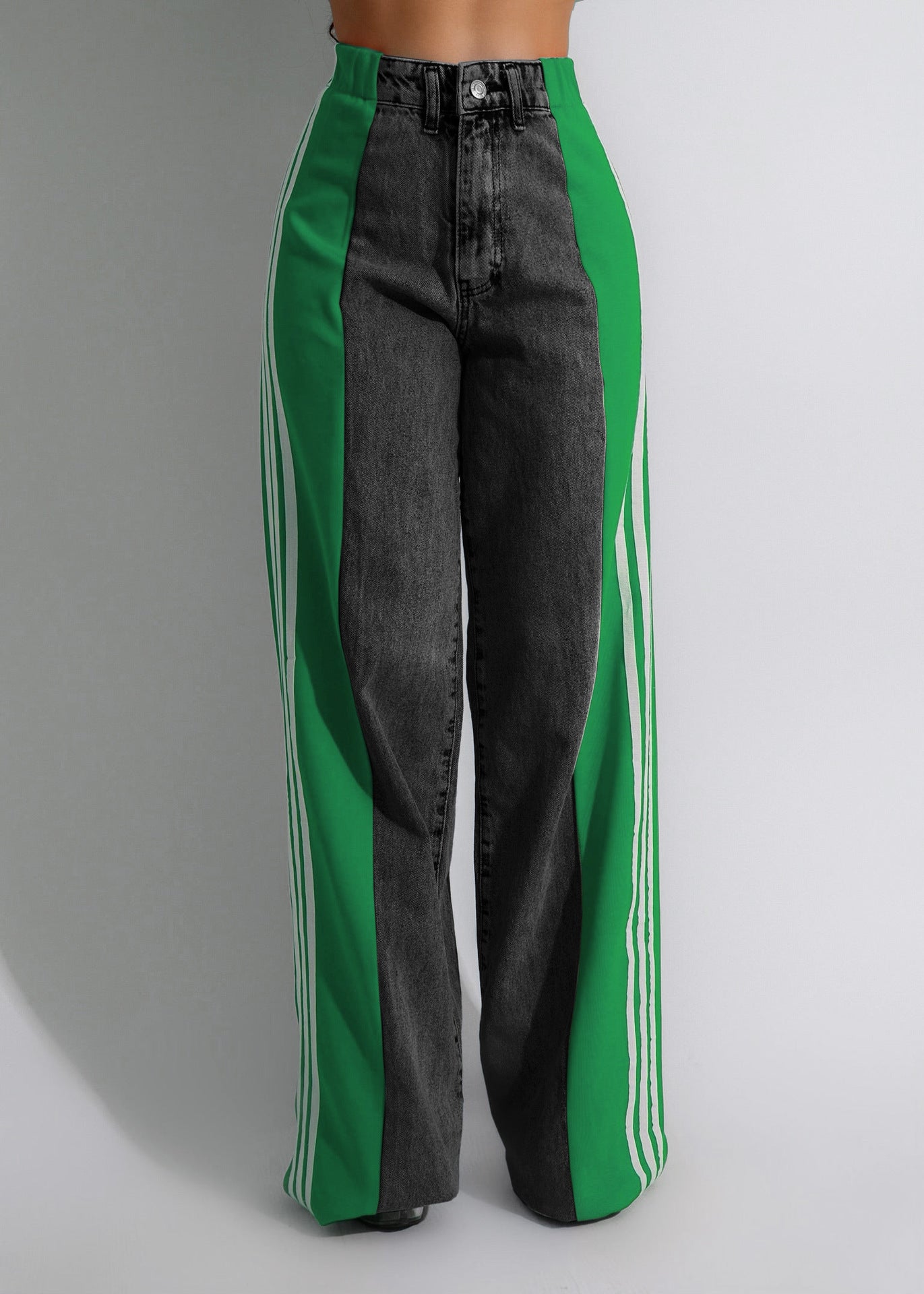 Stylish High Waist Elastic Baggy Pant -  Three Stripe Patchwork Denim Wide Leg Pants Streetwear