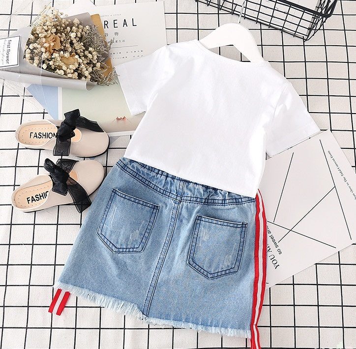 Kids White T-shirt Denim Skirt 2pcs Girls Suits
