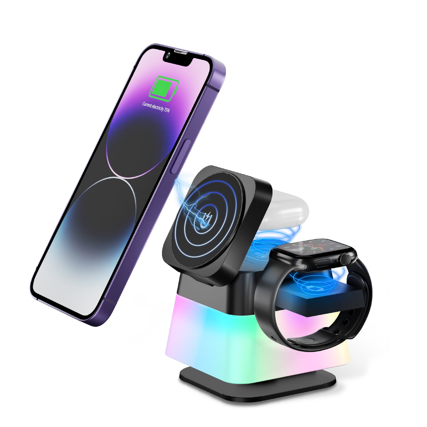 4 In 1 Rotatable Colorful Lighting Wireless Charger Stand For iPhones - 15 14 13 12 Pro Max 8 7 Holder Magnetic Fast Charging Station