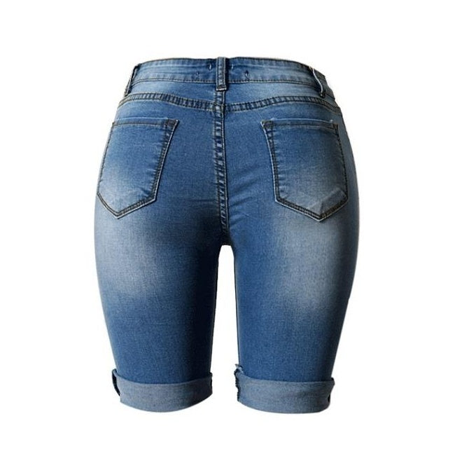 High Waist Roll-up Demin Shorts - Middle Pants Street Fashion