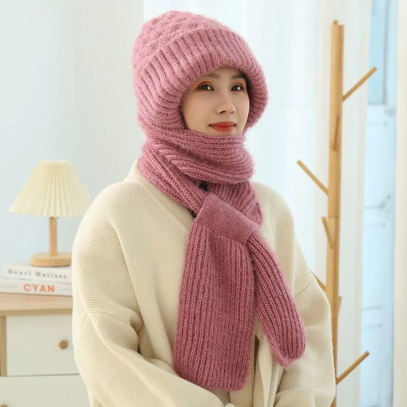 Women's Fleece-lined Scarf And Hat - Winter Warm Knitted Hat Scarf