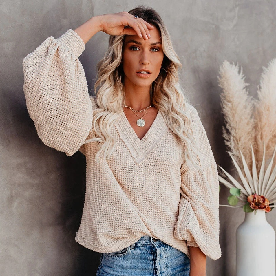 Fashion loose V-neck T-shirt - Lantern Sleeve Top