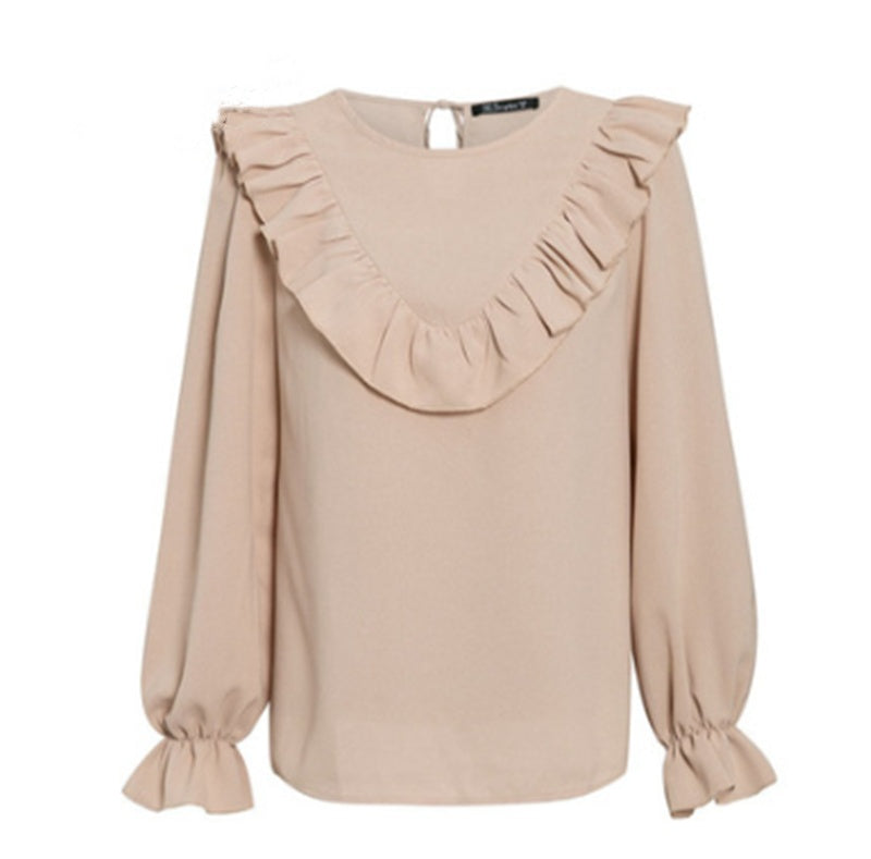 Round Ruffle Neck Long Sleeve Shirts - Ladies Shirt