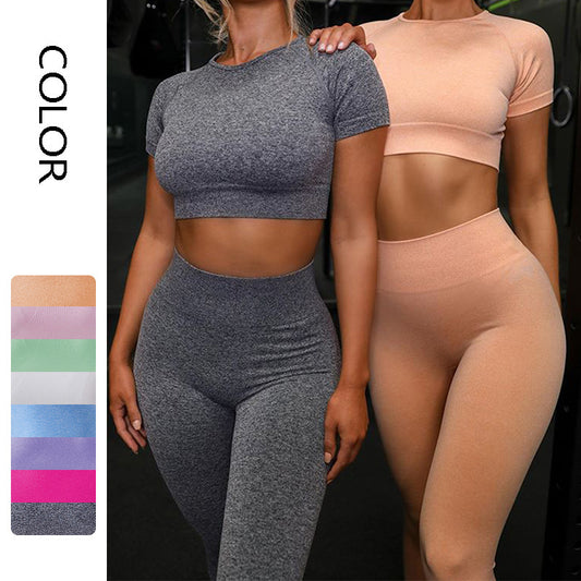 Seamless Yoga Set – Sculpting Leggings & Breathable Short-Sleeve Top! Seamless Yoga Sport Set Fitness Women Running Leggings Short Sleeve Tops - JumoShop