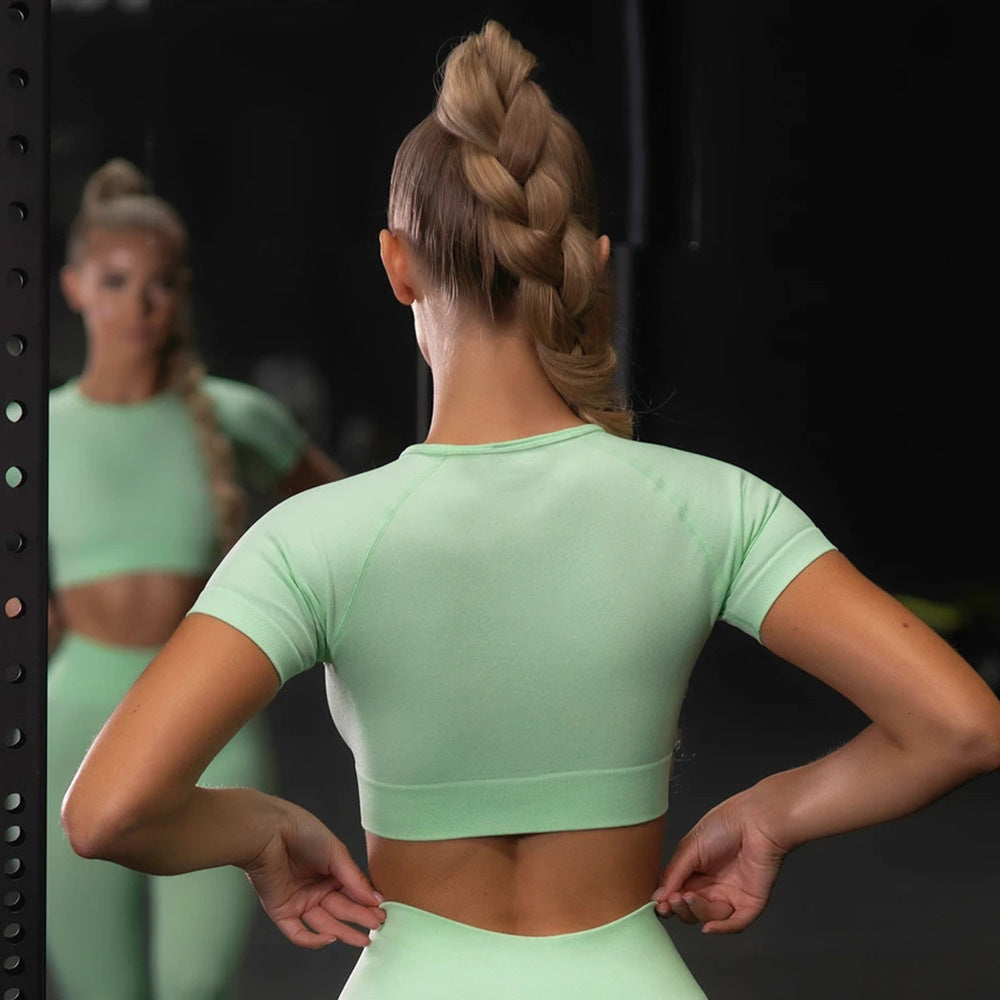 Seamless Yoga Set – Sculpting Leggings & Breathable Short-Sleeve Top! Seamless Yoga Sport Set Fitness Women Running Leggings Short Sleeve Tops - JumoShop