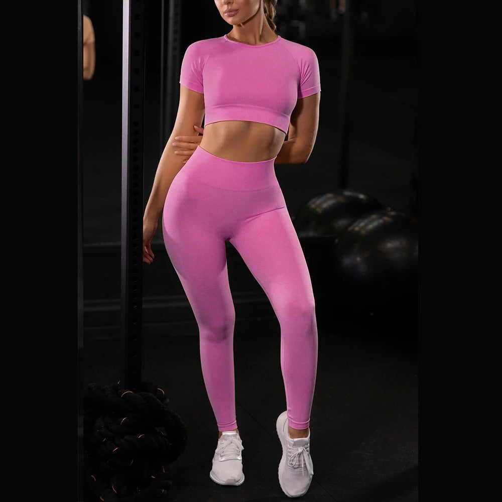 Seamless Yoga Set – Sculpting Leggings & Breathable Short-Sleeve Top! Seamless Yoga Sport Set Fitness Women Running Leggings Short Sleeve Tops - JumoShop