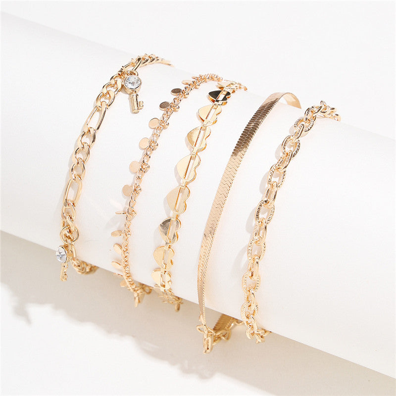 5 Pcs Women Fashion Gold Color Heart Crystal Key Anklets - Trendy Snake Chain Anklets For Women Foot Jewelry Gifts