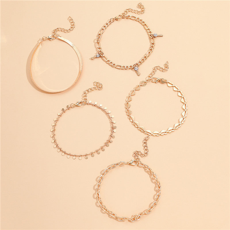 5 Pcs Women Fashion Gold Color Heart Crystal Key Anklets - Trendy Snake Chain Anklets For Women Foot Jewelry Gifts