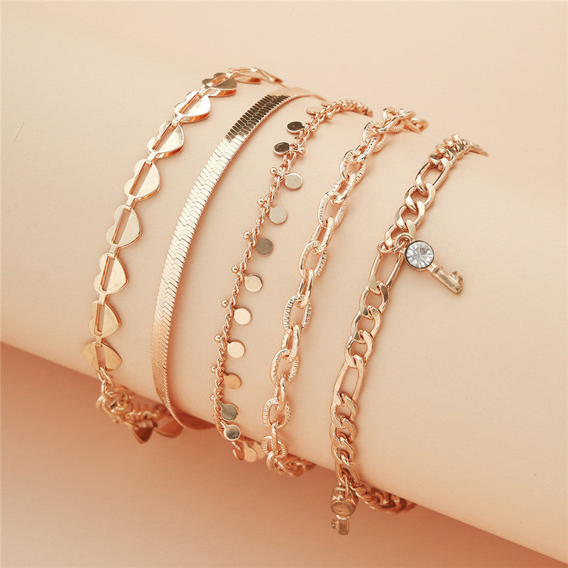 5 Pcs Women Fashion Gold Color Heart Crystal Key Anklets - Trendy Snake Chain Anklets For Women Foot Jewelry Gifts