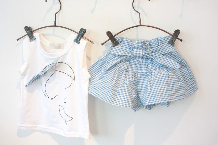 Pretty Girls Fashion Clothes Set  - Short Sleeve Shirt Short Skirt 2 Piece Suits Cartoon Girl Bow Cotton Kids Clothes Set