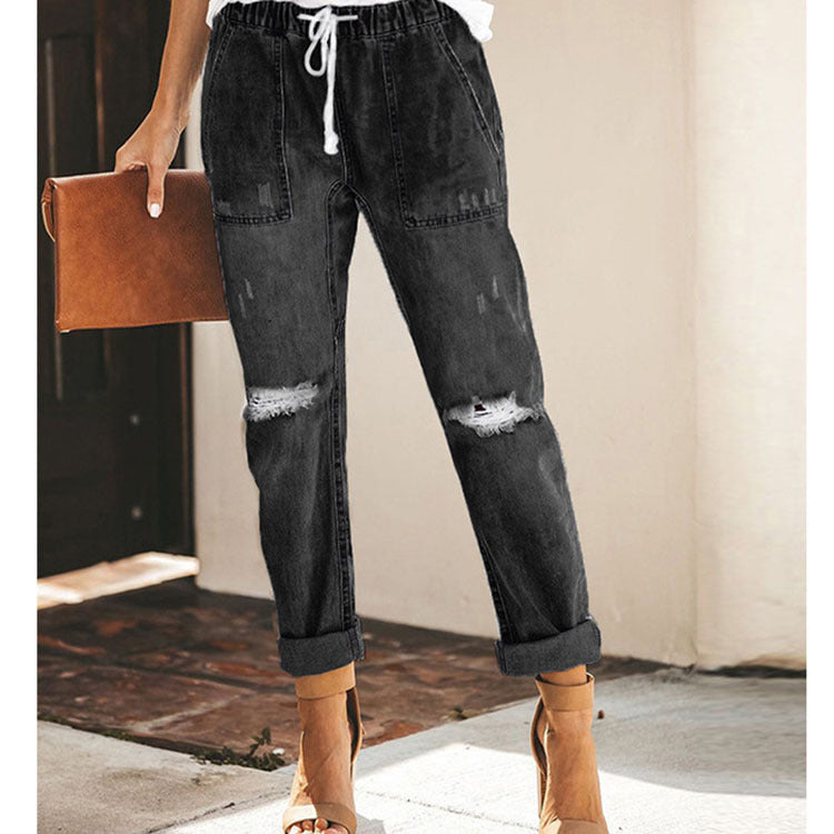 Drawstring Waist Straight Ripped Jeans For Women - Drawstring Trousers With Pockets Fashion Pants