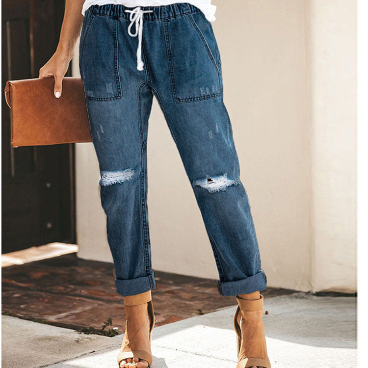 Drawstring Waist Straight Ripped Jeans For Women - Drawstring Trousers With Pockets Fashion Pants