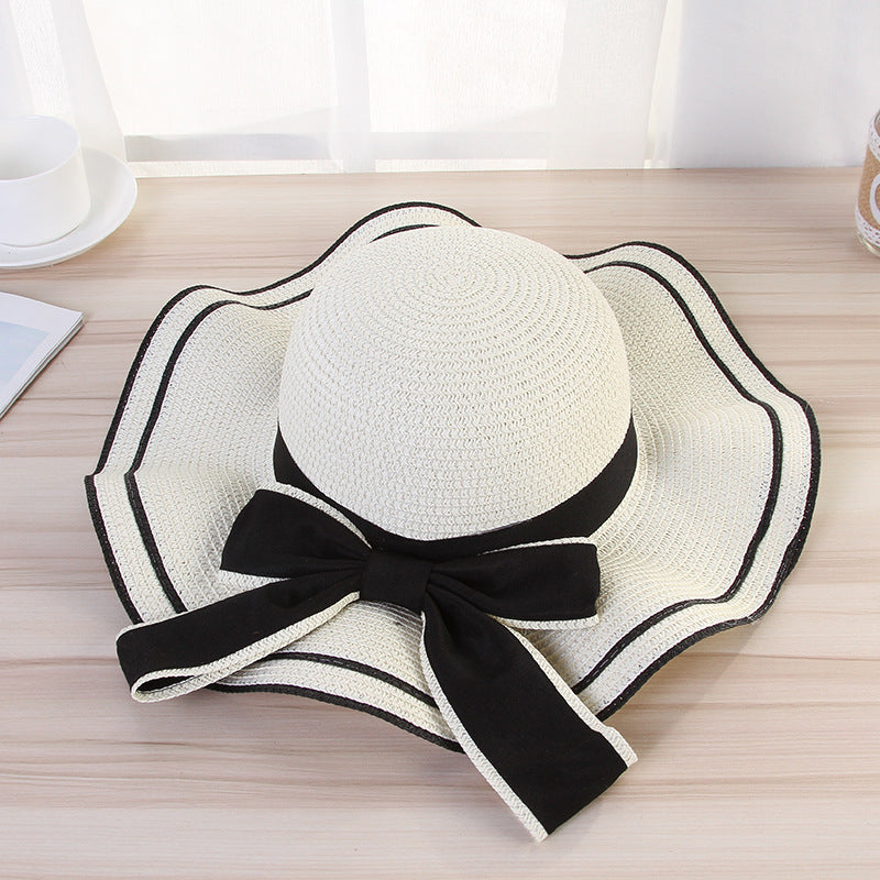 Women Straw Sunshade Hat - Summer Sun Hat  Panama  Fashion Bow Beach Hat Foldable Travel Caps