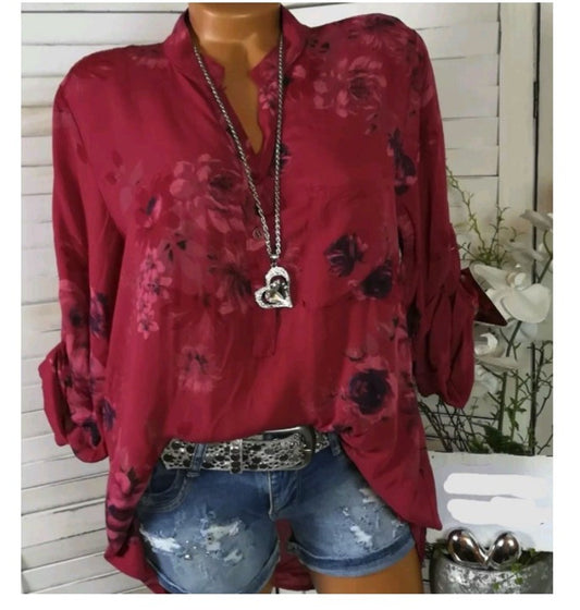 Long Sleeve Print Stand Collar Button Blouse - Pullover Plus Size Women Clothing Shirt Blouse