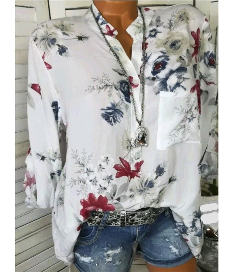 Long Sleeve Print Stand Collar Button Blouse - Pullover Plus Size Women Clothing Shirt Blouse