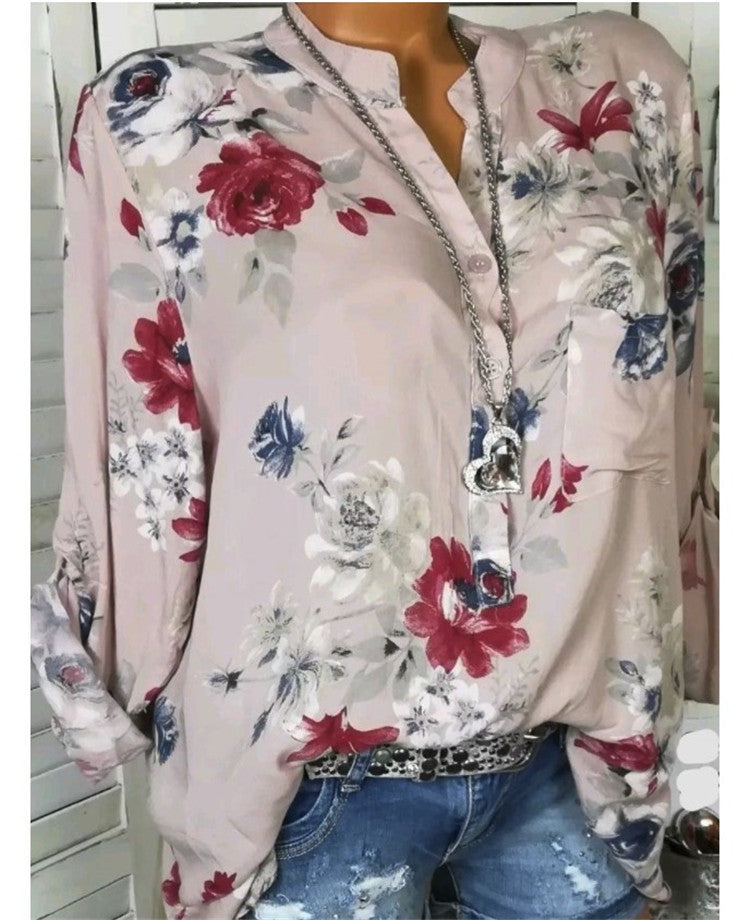 Long Sleeve Print Stand Collar Button Blouse - Pullover Plus Size Women Clothing Shirt Blouse