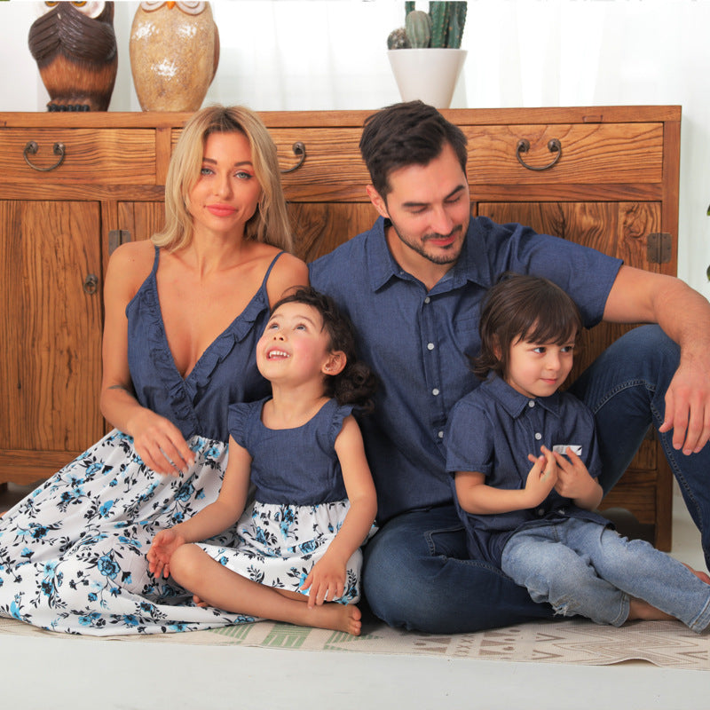 Family Matching Denim Outfit - Sling Dress Baby Girl Mom Dad Boy Boy Shirt Parent-Child