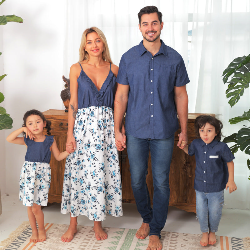 Family Matching Denim Outfit - Sling Dress Baby Girl Mom Dad Boy Boy Shirt Parent-Child