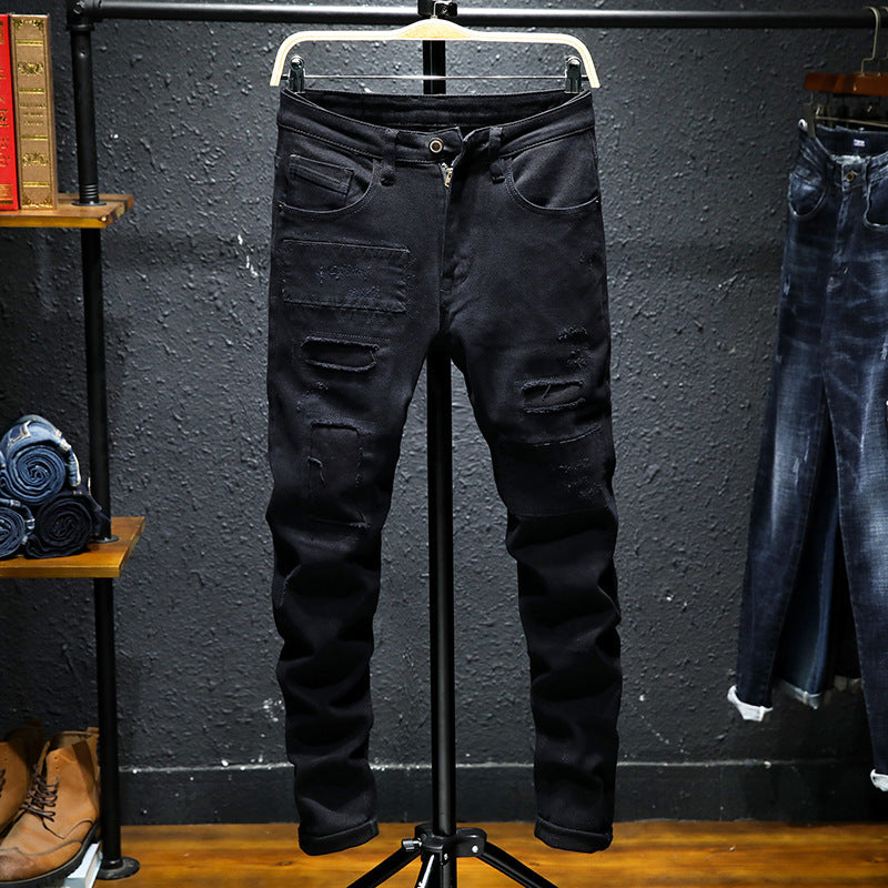 Pure Black Ripped Stretch Jeans for Men - Black Jeans for Men