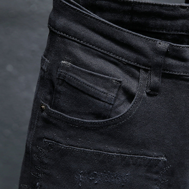 Pure Black Ripped Stretch Jeans for Men - Black Jeans for Men