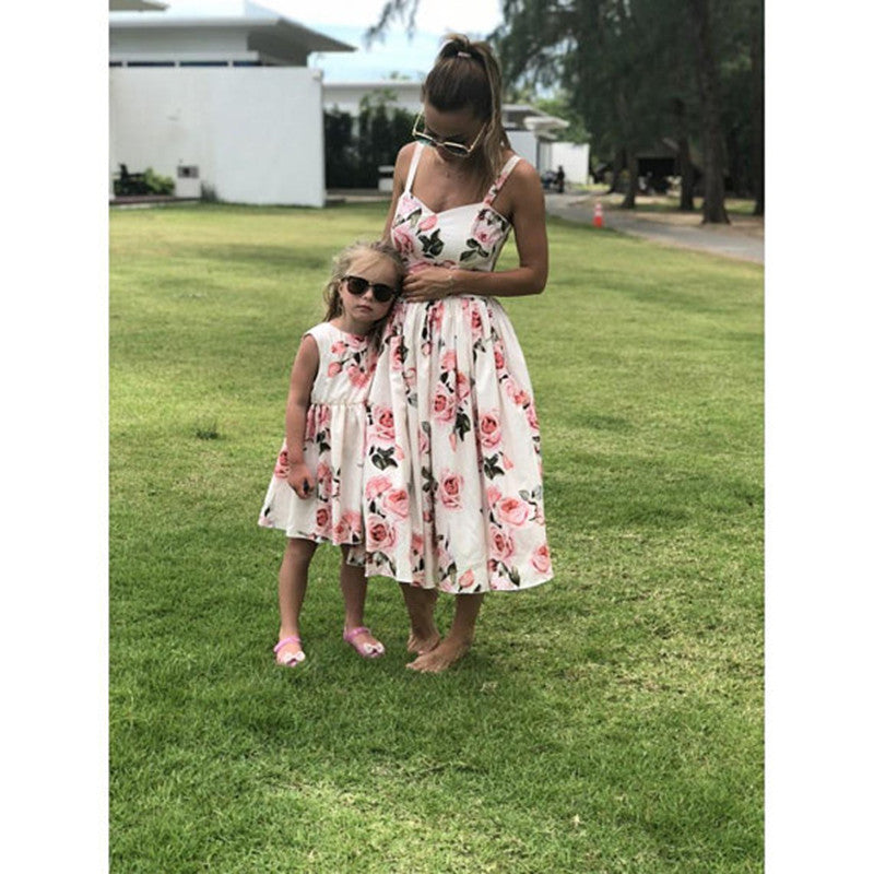 Floral Summer Printed Sling Sleeveless Parent-Child Dress