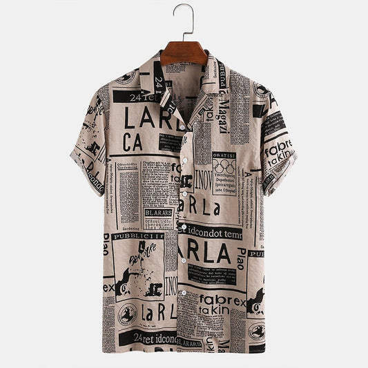 Men Vintage Shirts - Vintage Newspaper Print Hawaiian Shirt