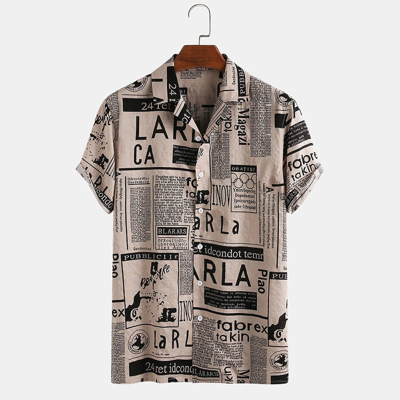 Men Vintage Shirts - Vintage Newspaper Print Hawaiian Shirt