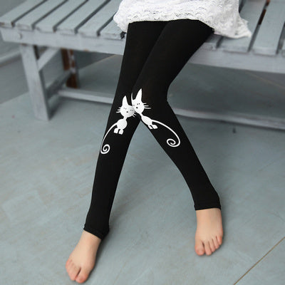 Girls' Cute Patterned Stretch Leggings – Cat Print & Colorful Bow Designs