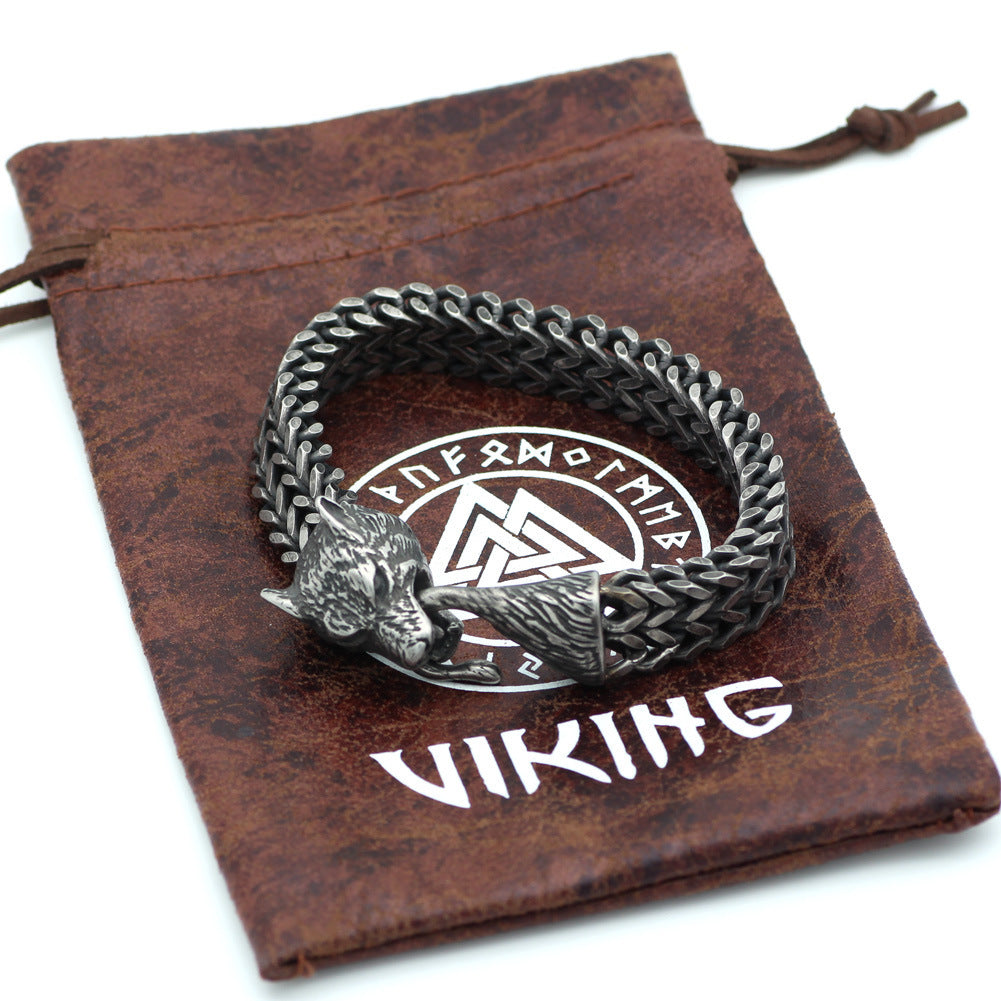 Stainless Steel Vintage Black Wolf Head Cuban Chain Hand Wristband - Male Fashion Jewelry Wholesale Accessories Gifts
