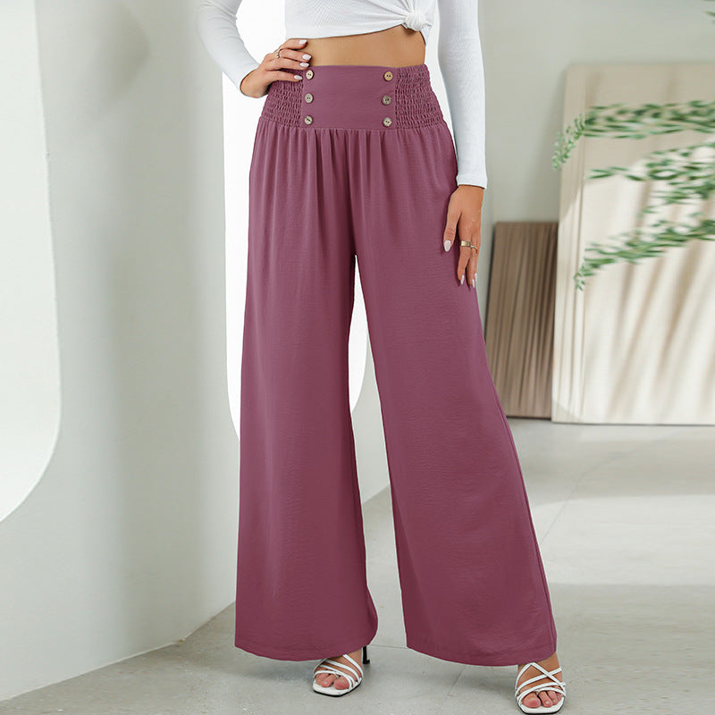 Elastic High Waist Wide Leg Pants - Casual Trousers For Women