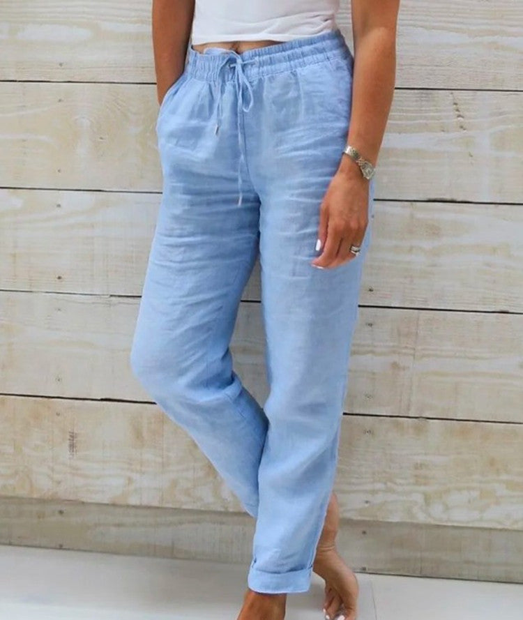 Cotton And Linen Women's High Waist Elastic Pant - Waist Solid Color Cotton And Linen Casual Pants
