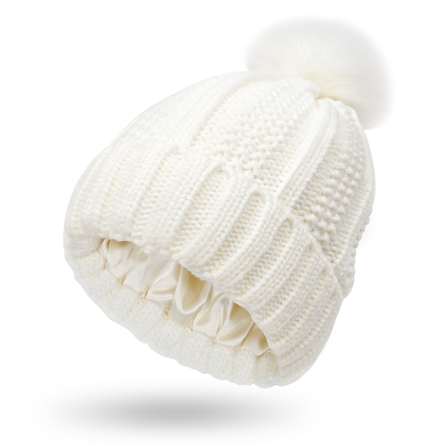 Fashion Stretchy Satin Lined Skull Knit Hats Beanie Hat - For Women Faux Fur Pom Pom Hat Beanie Hat