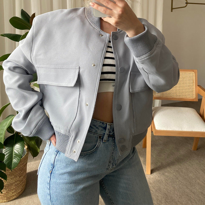 Stylish Stand-Collar Jacket – Trendy, Loose-Fit with Big Pockets!  Fashion Button Stand-collar Jacket With Big Pockets Casual Loose Short Outwear Tops Coat For Women Clothing - JumoShop
