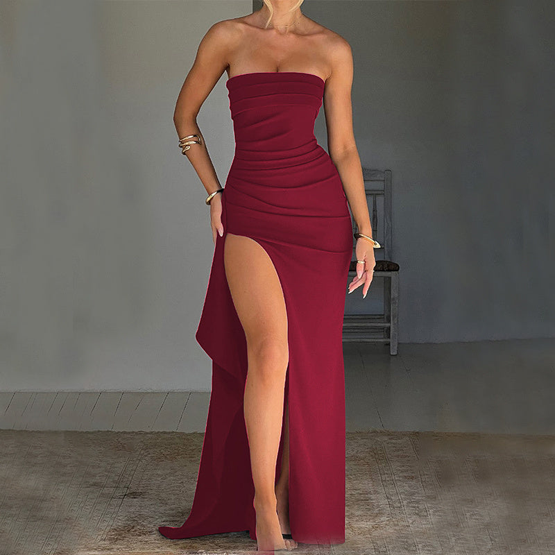 Strapless Split Long Dress – Summer Pleated Bridesmaid & Party Dress for Women