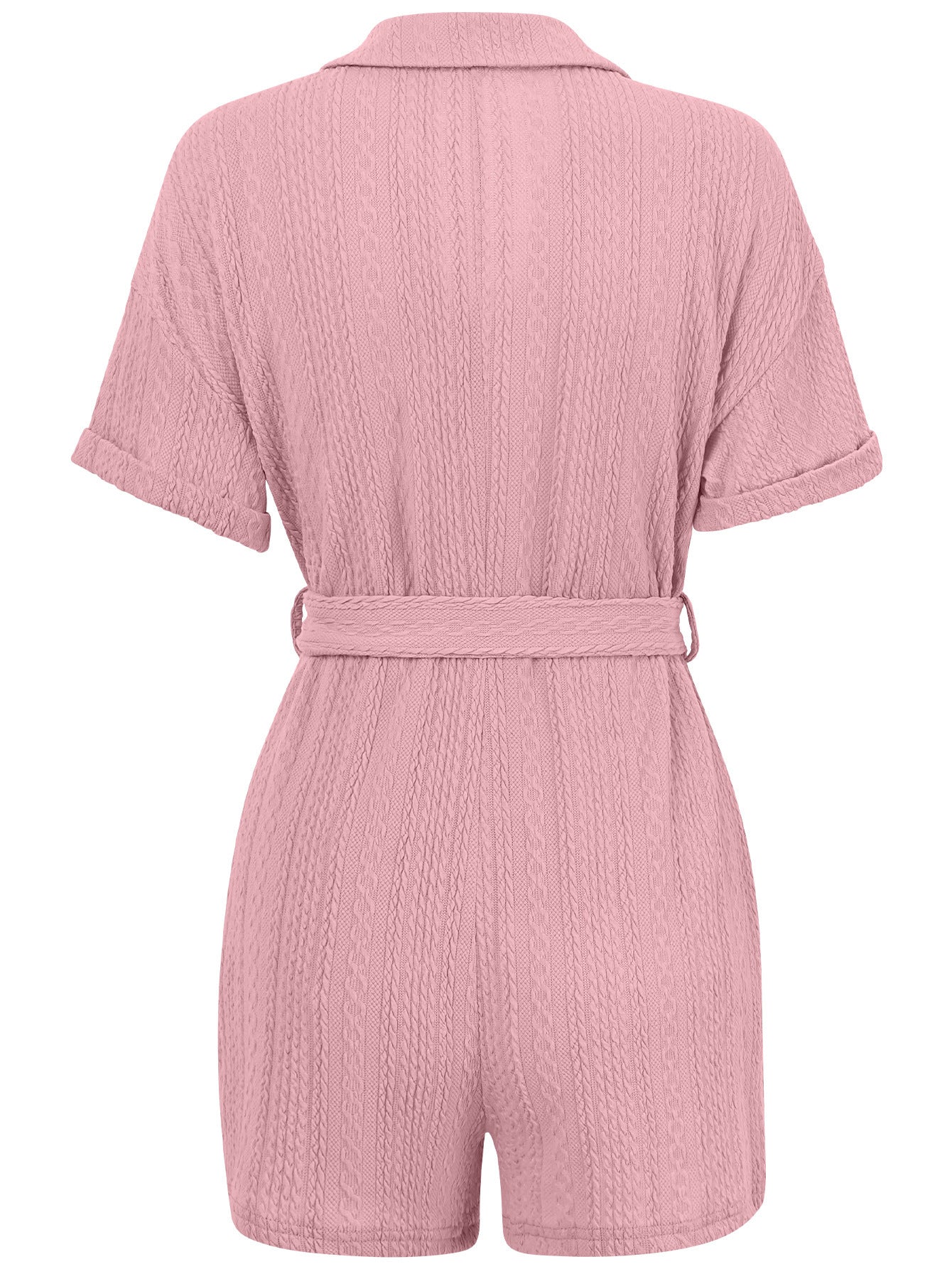 Women's Short-sleeved Jumpsuit - Lace-up Turn-down Collar Solid Color Romper Clothing Summer
