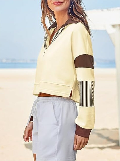 Fashionable Women's Long Sleeve Crop Tops - V Neck Color Block Casual Loose Pullover Cropped Sweatshirt
