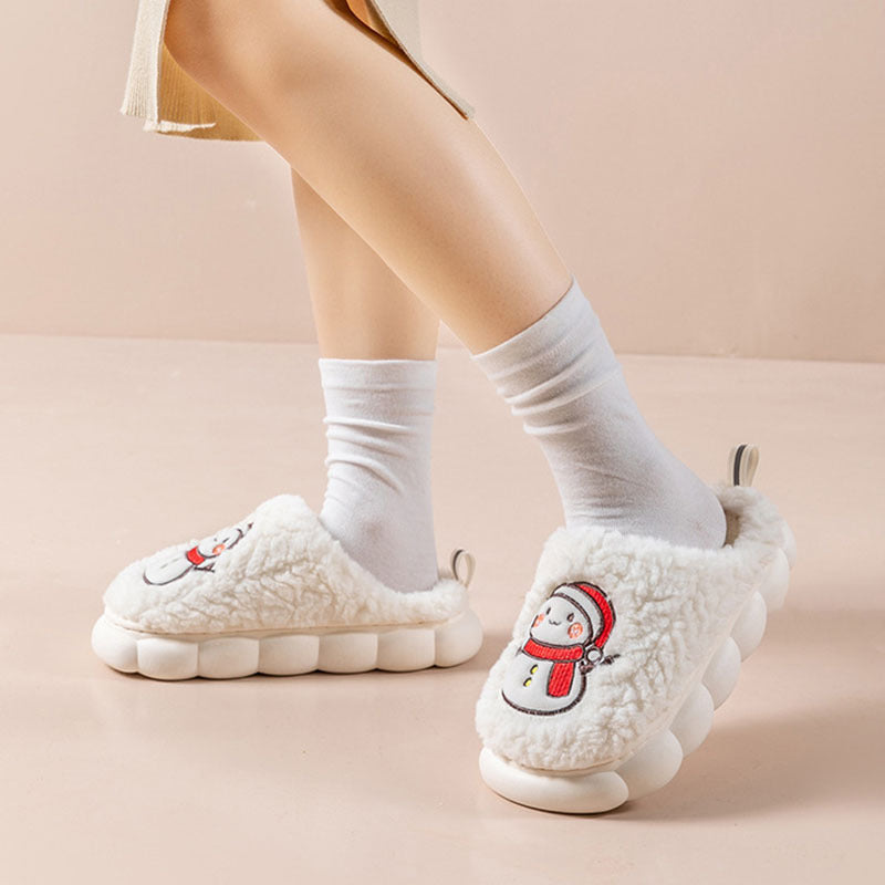 Cute Snowman Slippers -- Winter Indoor Household Warm Plush Thick-Soled Anti-slip Couple Home Slipper Soft Floor Bedroom House Shoes