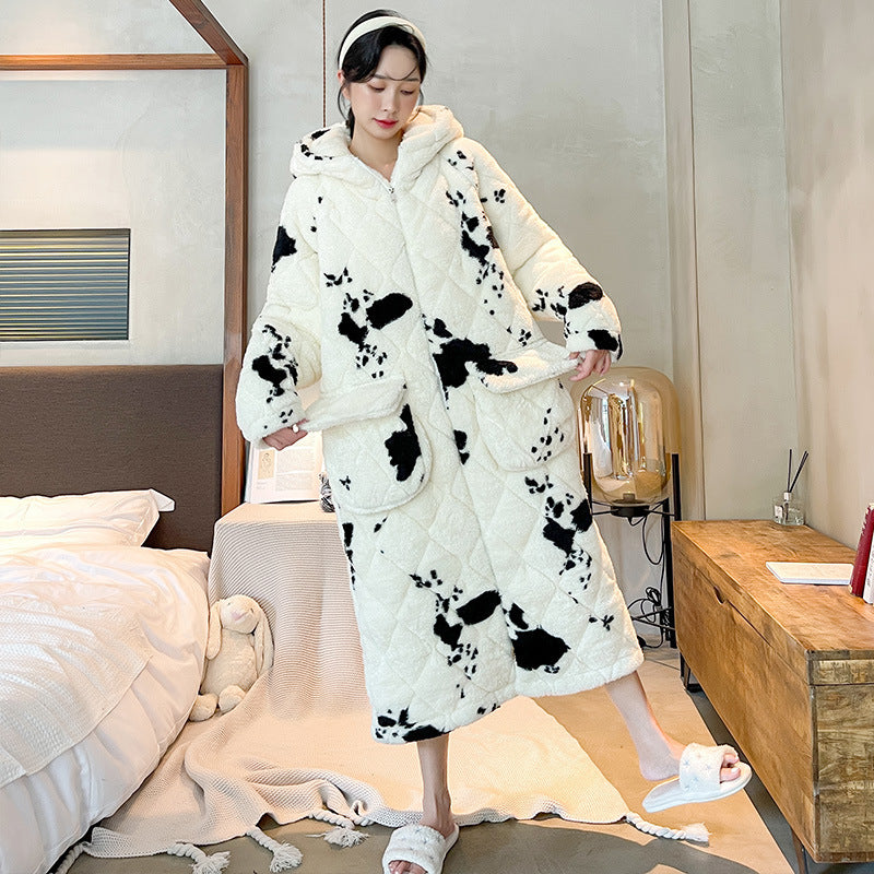 Men's Winter Quilted Cow Pajamas - Thick Coral Fleece Bathrobe Homewear Nightgown